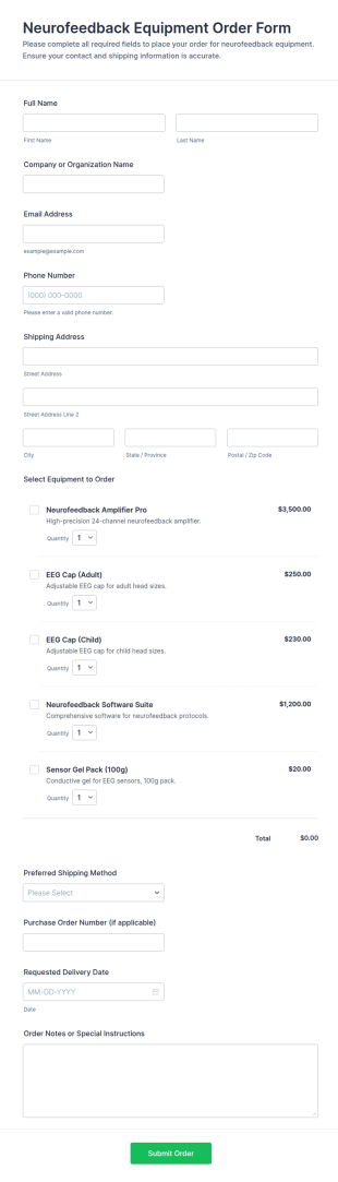 Neurofeedback Equipment Order Form Template