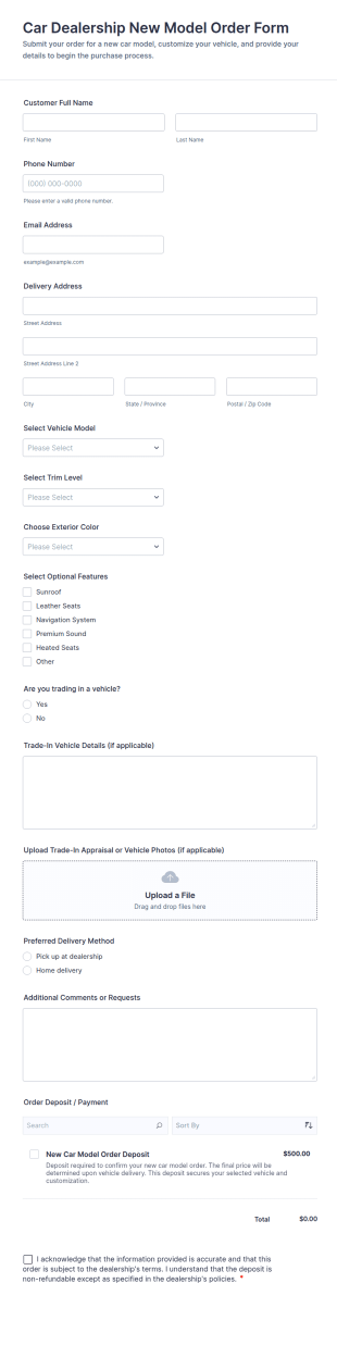 New Car Model Order Form Template