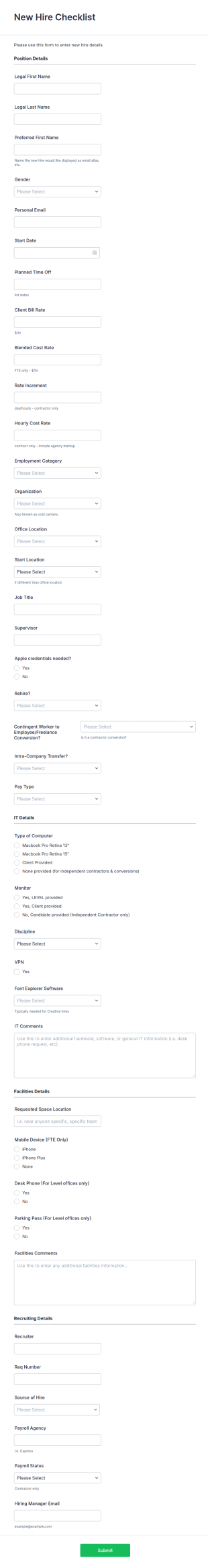 New Hire Checklist Form Template