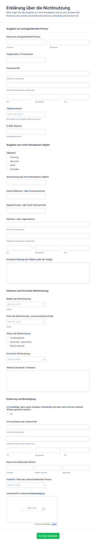 Nicht Betriebsanerkenntnis Formular