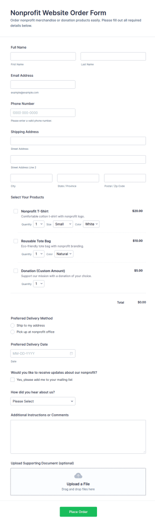 Nonprofit Website Order Form Template