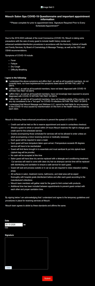 Ntouch Salon Spa COVID 19 Questionnaire And Important Appointment Information Form Template