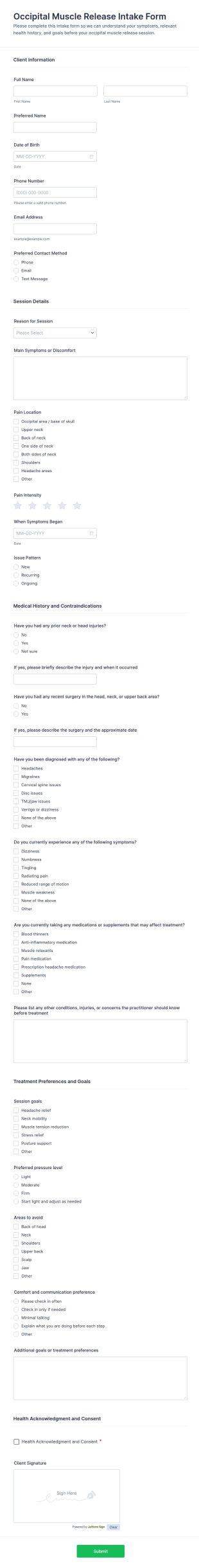 Occipital Muscle Release Intake Form Template