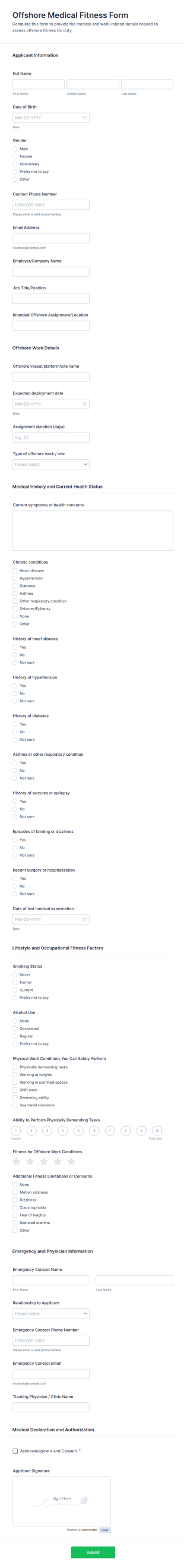 Offshore Medical Fitness Assessment Form Template