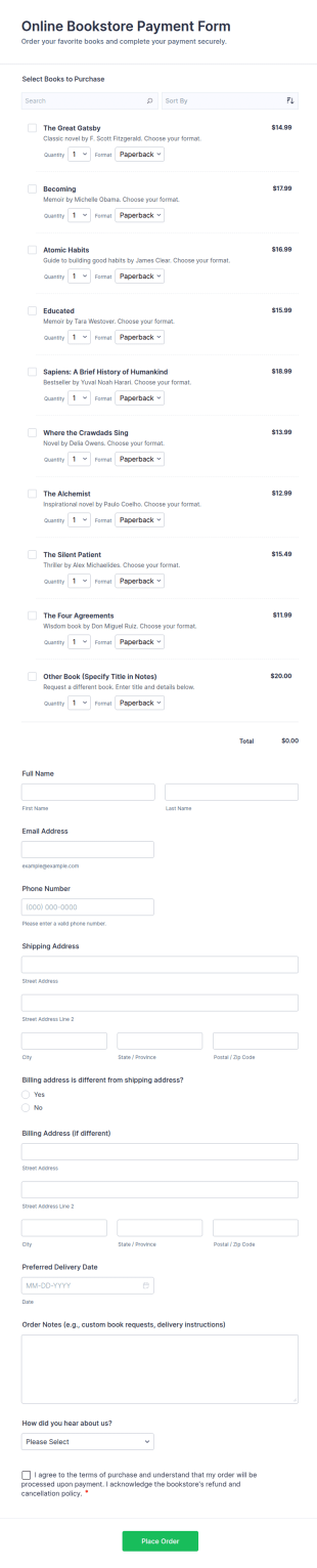 Online Bookstore Payment Form Template