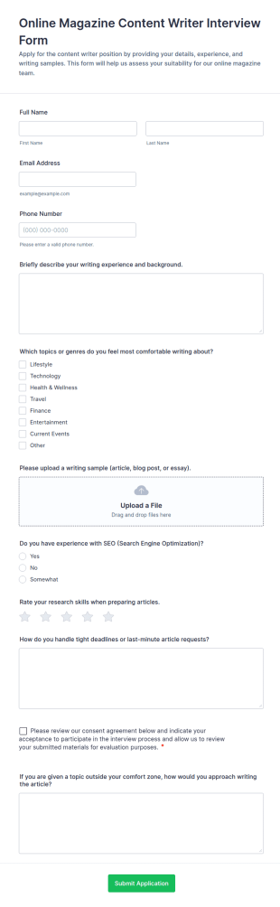 Online Magazine Content Writer Interview Form Template
