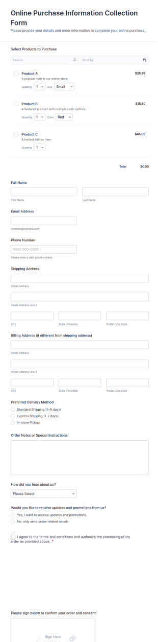 Online Purchase Information Collection Form Template