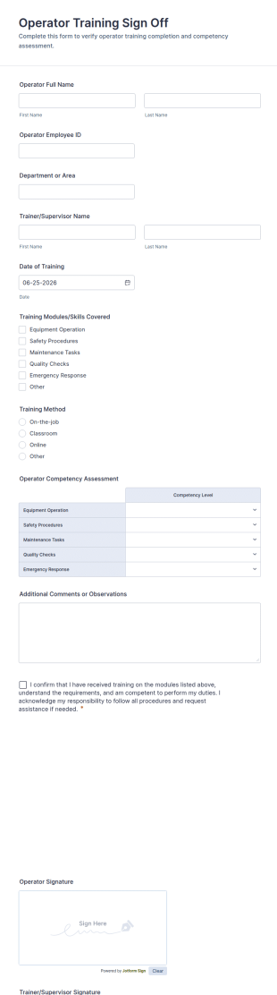 Operator Training Sign Off Form Template