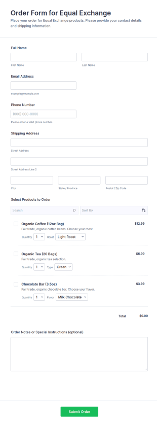 Order Form For Equal Exchange
