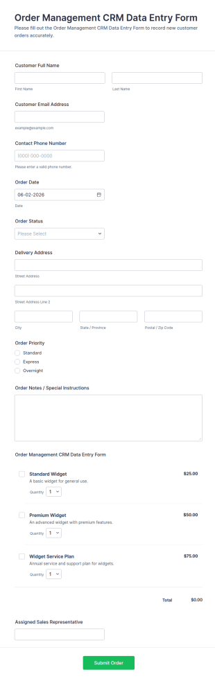 Order Management CRM Data Entry Form Template