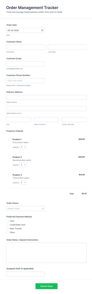 Order Management Tracker Form Template