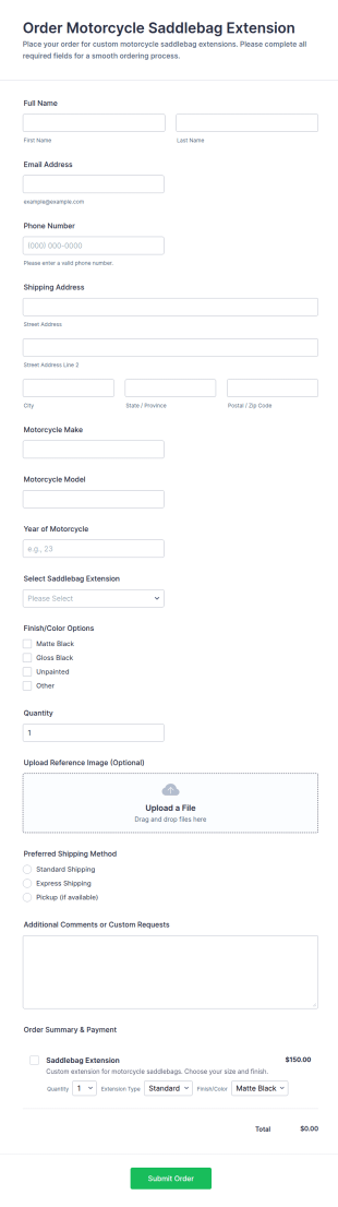 Order Motorcycle Saddlebag Extension Form Template