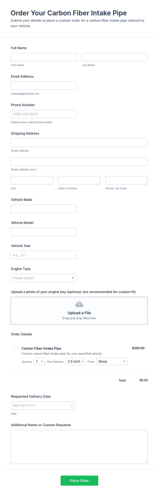 Order Your Carbon Fiber Intake Pipe Form Template