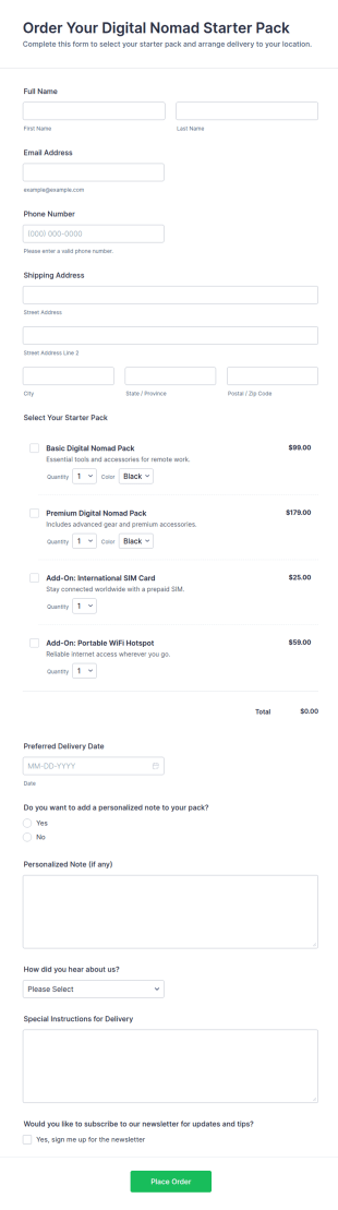 Order Your Digital Nomad Starter Pack Form Template