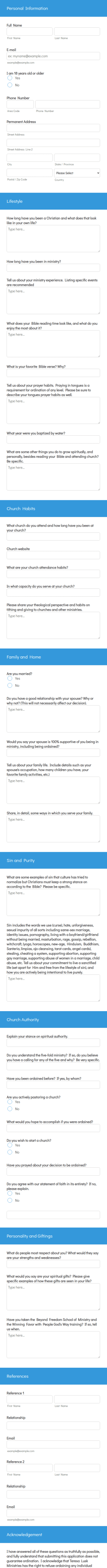Ordination Ministry Application Form Template
