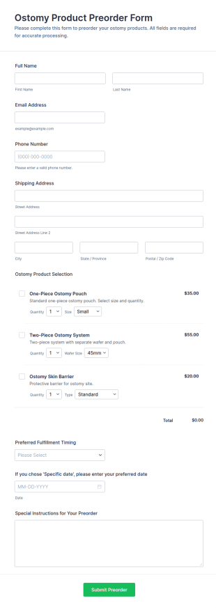 Ostomy Product Preorder Form Template