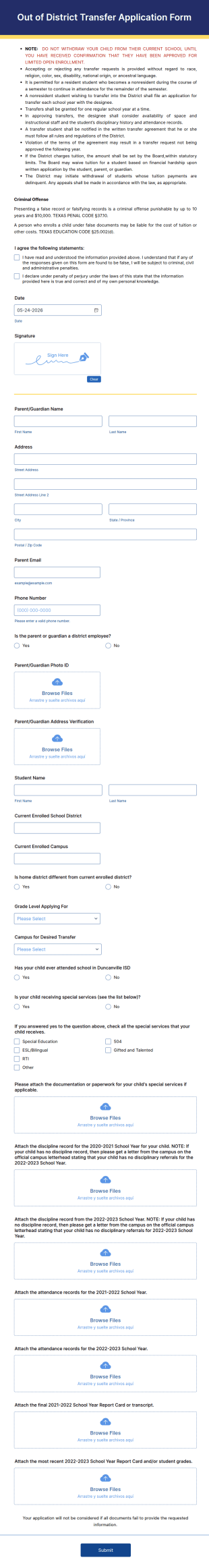 Out Of District Transfer Application Form Template