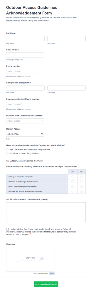 Outdoor Access Guidelines Acknowledgement Form Template