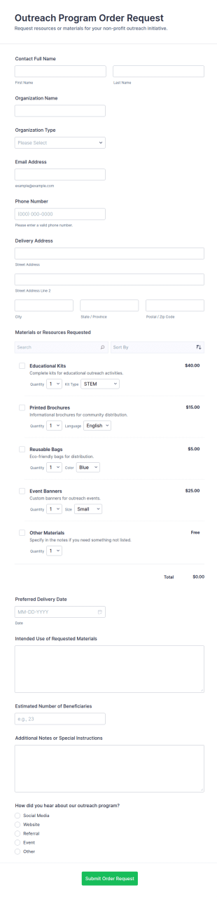 Outreach Program Order Request Form Template
