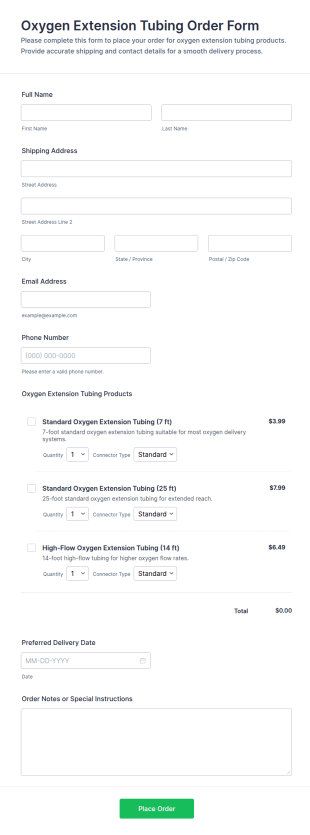Oxygen Extension Tubing Order Form Template