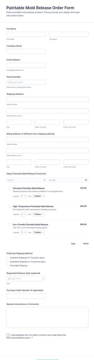 Paintable Mold Release Order Form Template