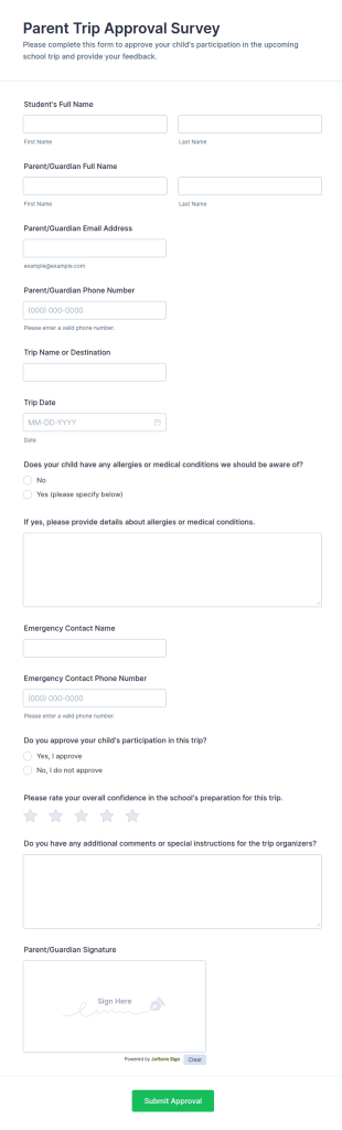 Parent Trip Approval Survey Form Template