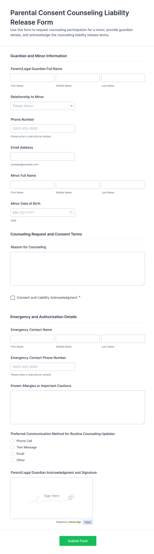 Parental Consent Counseling Liability Release Form Template