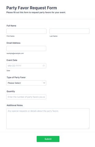 Party Favor Request Form Template