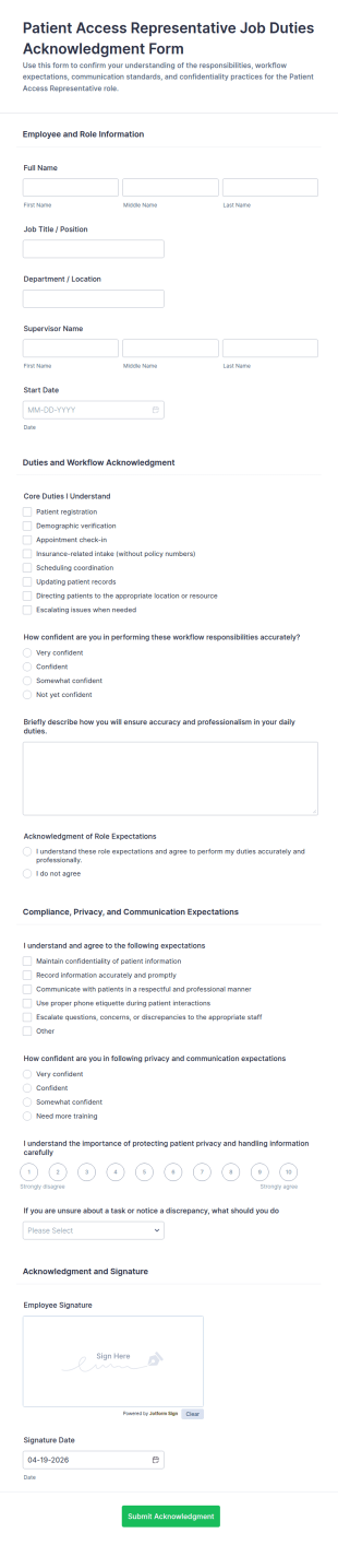 Patient Access Representative Job Duties Acknowledgment Form Template
