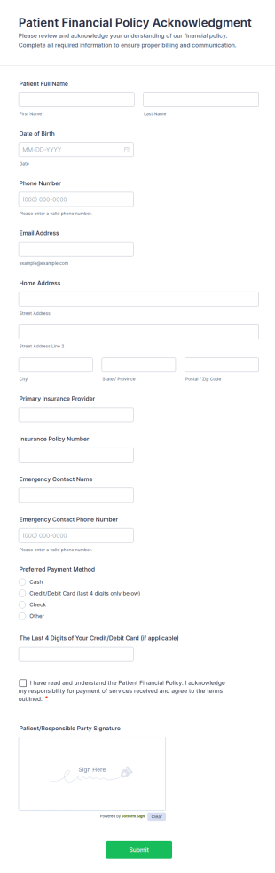 Patient Financial Policy Acknowledgment Form Template