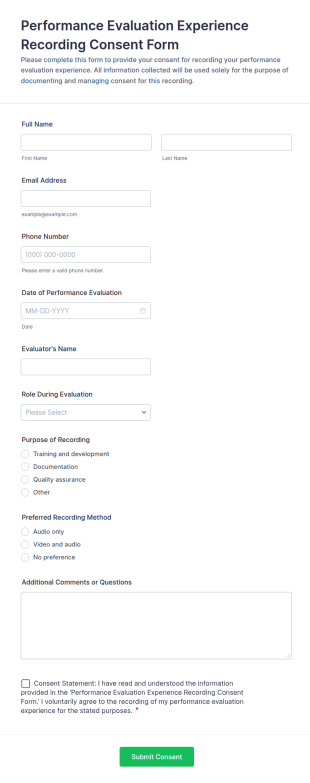 Performance Evaluation Experience Recording Consent Form Template