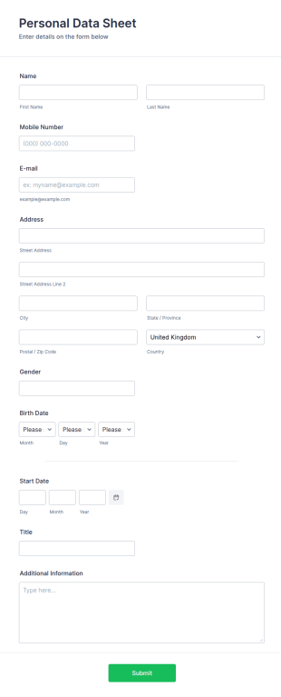 Personal Data Sheet Template