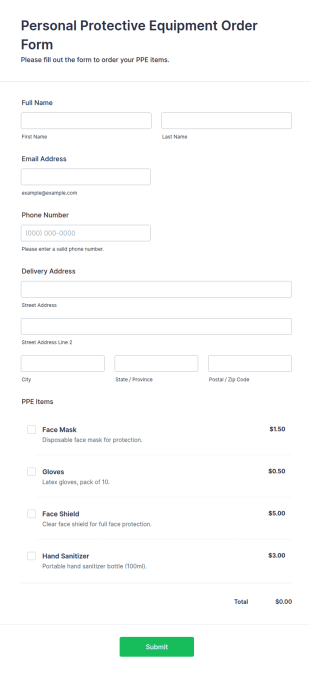 Personal Protective Equipment Order Form Template