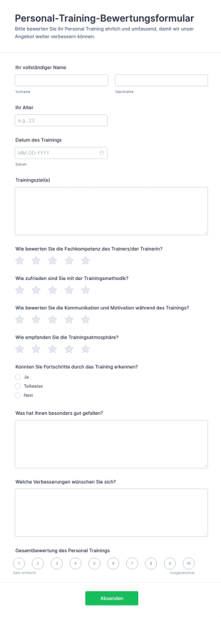 Pers&ouml;nliches Training Bewertungsformular