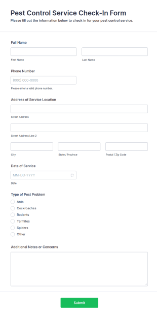 Pest Control Service Check In Form Template