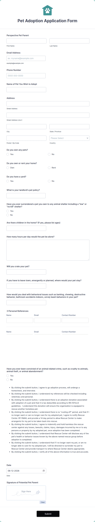 Pet Adoption Application Form Template