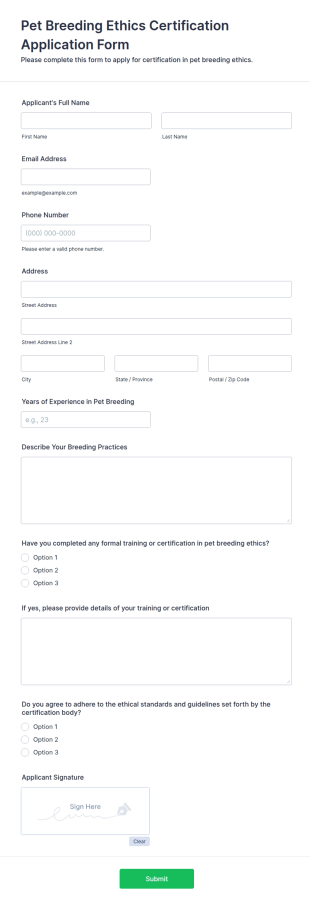 Pet Breeding Ethics Certification Application Form Template