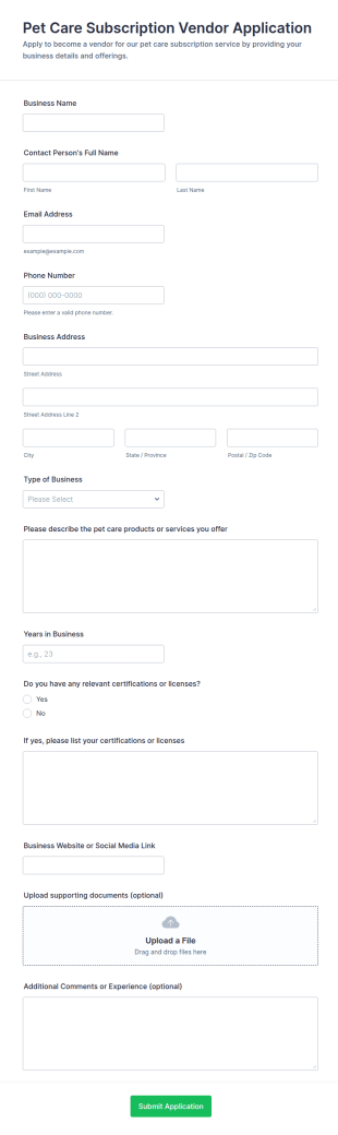 Pet Care Subscription Vendor Application Form Template