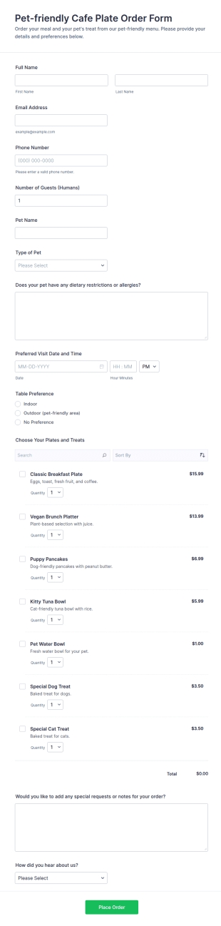 Pet Friendly Cafe Plate Order Form Template