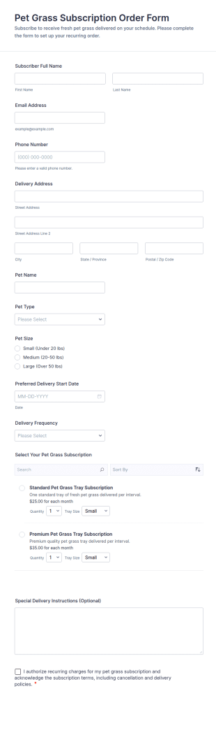 Pet Grass Subscription Order Form Template