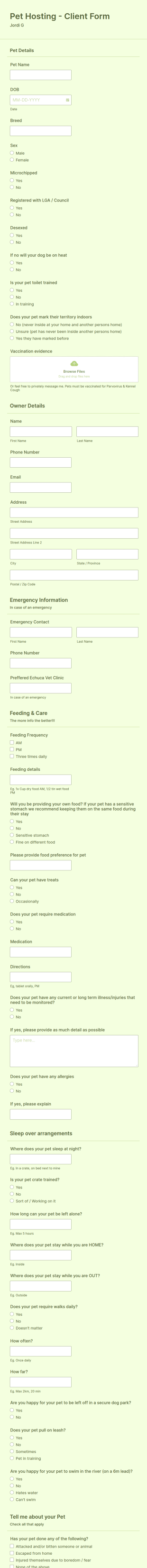 Pet Hosting Form Template