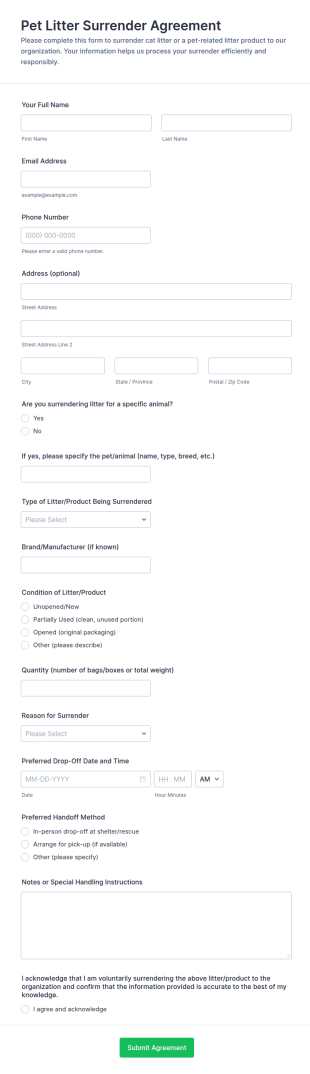 Pet Litter Surrender Agreement Form Template