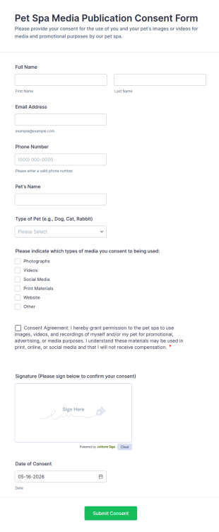 Pet Spa Media Publication Consent Form Template