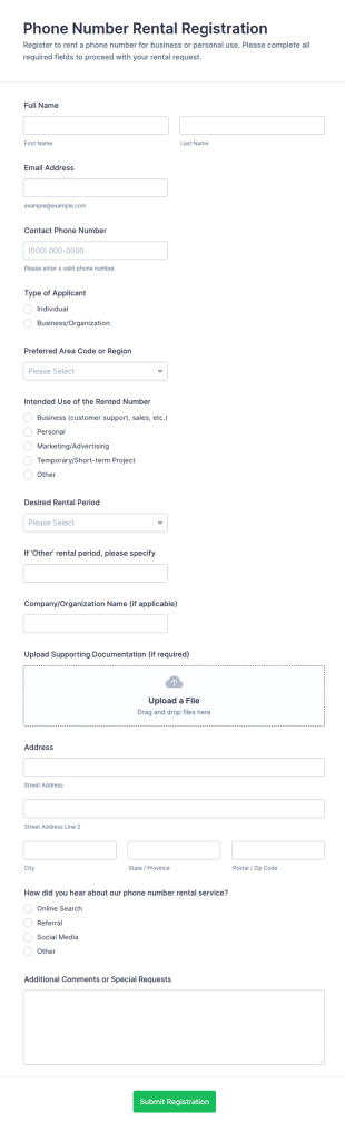 Phone Number Rental Registration Form Template