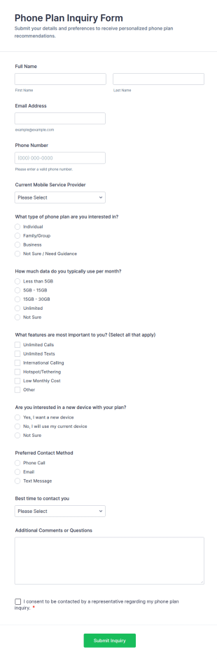 Phone Plan Inquiry Form Template