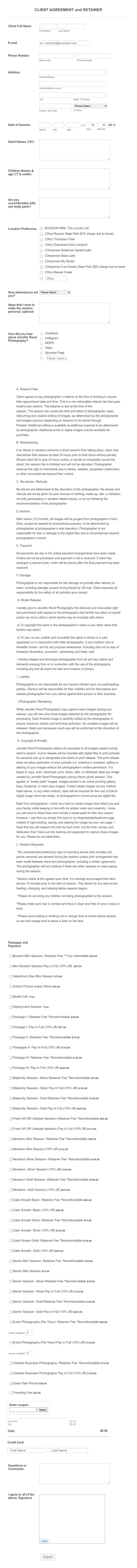 Jennifer Rood Photography Client Agreement Form Template