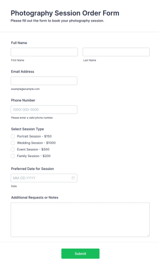 Photography Session Order Form Template