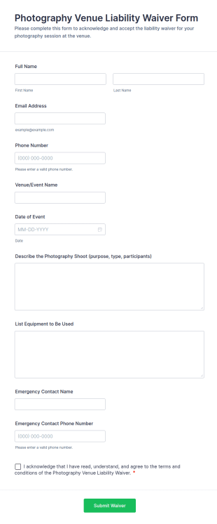 Photography Venue Liability Waiver Form Template