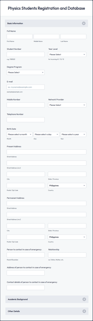 Physics Registration Form Template