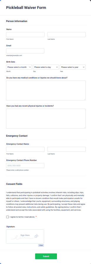 Pickleball Waiver Form Template
